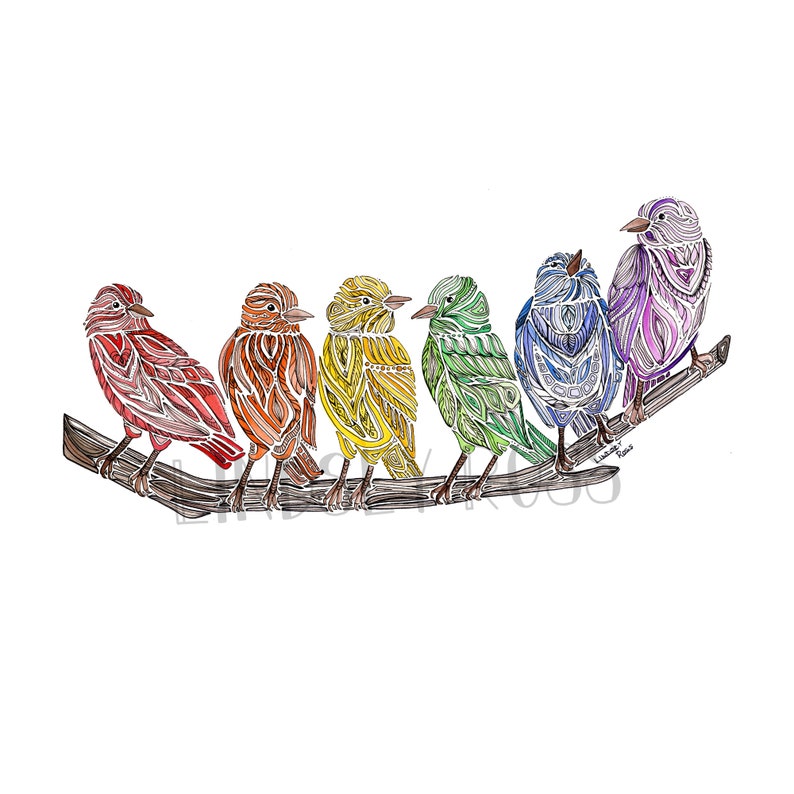 May include: Six colorful birds, each a different color of the rainbow, are perched on a branch. The birds are drawn in a detailed, intricate style, with each feather and detail carefully rendered.