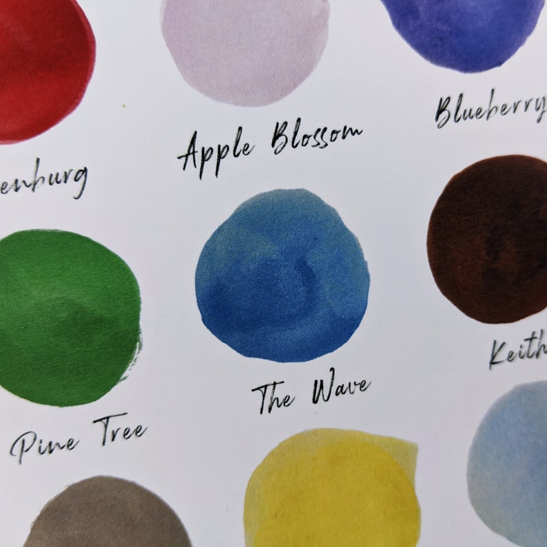 May include: A close-up of a white surface with nine different coloured ink swatches. The swatches are labelled with names like "Apple Blossom", "The Wave", "Pine Tree", and "Blueberry".