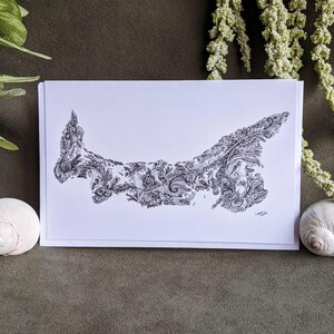 May include: A black and white line drawing of Prince Edward Island, Canada, with a floral design. The artwork is on a white card.