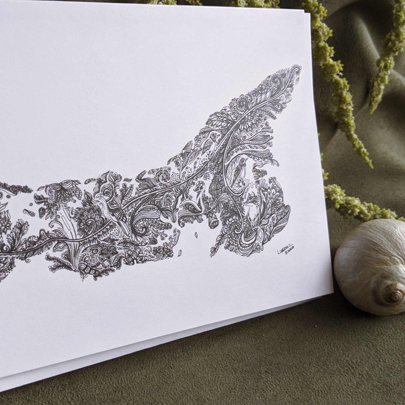 May include: A black and white line drawing of Prince Edward Island, Canada, with intricate floral designs. The artwork is signed "Lauren" and dated "2018".