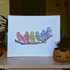 May include: A watercolor painting of seven birds perched on a branch. The birds are arranged in a line and are all facing the same direction. The birds are painted in a rainbow of colors, starting with red and ending with purple. The painting is on a white background.
