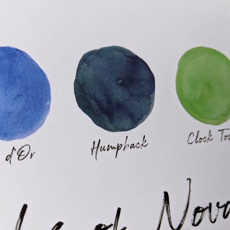 May include: Three watercolour swatches on a white background. The swatches are labelled "d'Or", "Humpback", and "Clock Tower". The colours are a light blue, a dark blue-green, and a light green.