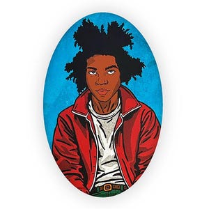 Puede incluir: Obra de arte ovalada que presenta un retrato estilizado de una persona con piel oscura y cabello negro y voluminoso. La persona lleva una chaqueta roja sobre una camisa blanca, sobre un fondo azul texturizado. La obra es de estilo c&oacute;mic.