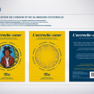 Puede incluir: Presentaci&oacute;n de un ebook y un broche cultural. La imagen muestra tres portadas de libros con el t&iacute;tulo "L'accroche-c&oelig;ur" en blanco sobre fondo amarillo. La primera portada presenta un retrato de Jean-Michel Basquiat. La segunda tiene un c&oacute;digo QR. La tercera es azul.