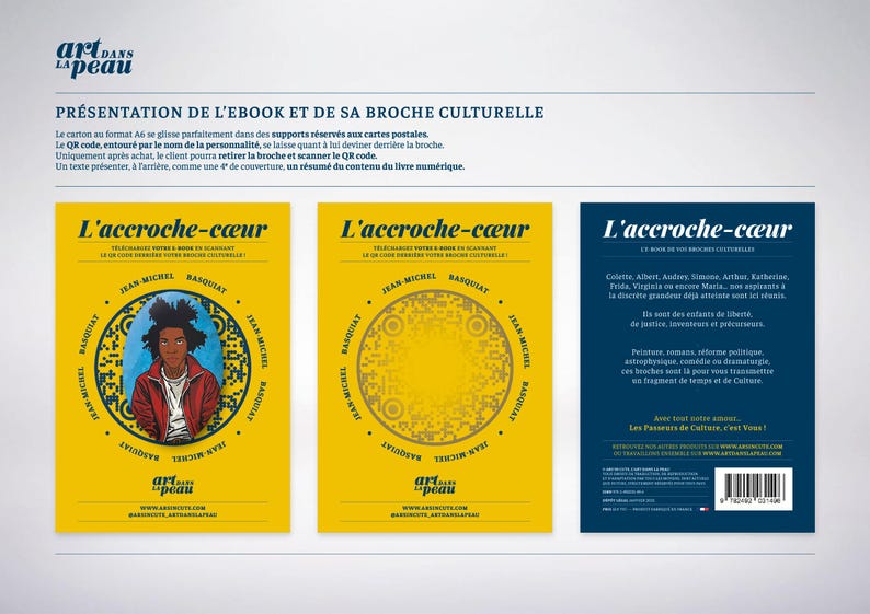 Puede incluir: Presentaci&oacute;n de un ebook y un broche cultural. La imagen muestra tres portadas de libros con el t&iacute;tulo "L'accroche-c&oelig;ur" en blanco sobre fondo amarillo. La primera portada presenta un retrato de Jean-Michel Basquiat. La segunda tiene un c&oacute;digo QR. La tercera es azul.