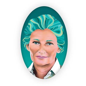 May include: A portrait painting of a person with teal blue hair. The person is wearing a white collared shirt and has a neutral expression.