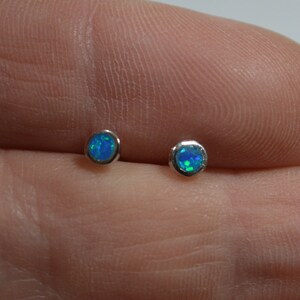 Silver Blue Opal Stud Earrings. Tiny Round Opal