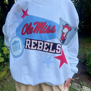 Ole Miss Patchwork Pennant Sweatshirt, College Merch, University Sweatshirt, Upcycled Clothing, Back to School Clothes, Game Day, Team Name