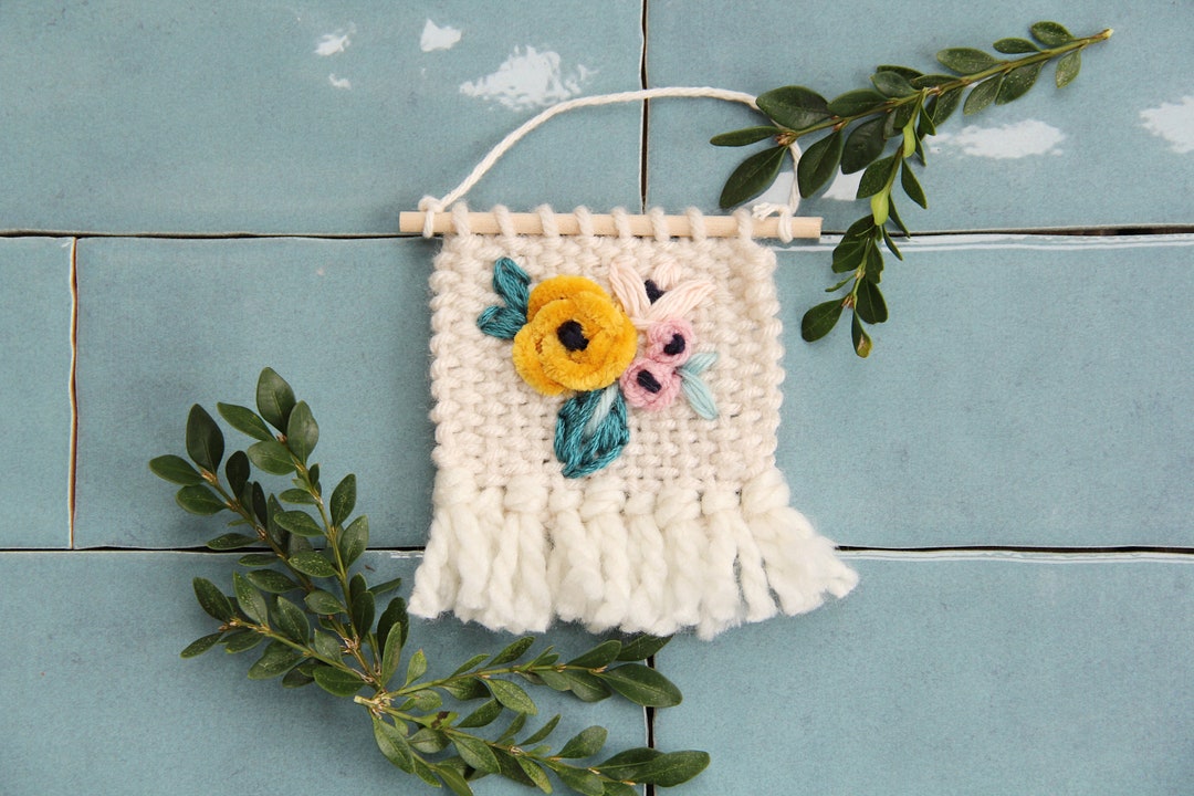 Floral Embroidered Mini Weaving, Boho Woven Wall Art - Etsy
