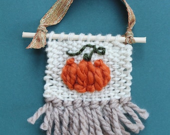 Fall Decor, Pumpkin Decor, Woven Wall Hanging, Woven Art, Mini Weaving, Fall Farmhouse Decor, Handmade Fall Decor, Pumpkin Art