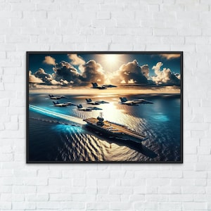 May include: A large aircraft carrier sails through the ocean with several fighter jets flying in formation overhead. The sun shines brightly in the sky, casting a golden glow on the water.