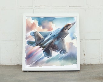 F-22 Raptor Watercolor Portrait Instant Digital Art Download AI Generated Military Aviation Printable Airplane Wall Art Unique Image Design