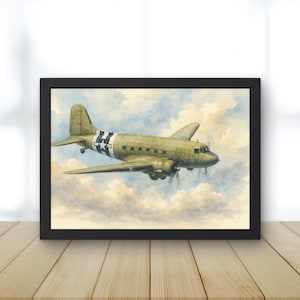 Douglass C-47 Skytrain Watercolor Artwork | Digital Download World War 2 Wall Art | Printable Military Aircraft Decor | Aviation Gift Ideas
