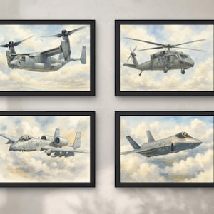 Juego de láminas de acuarela de aviones militares (PEDIDO PERSONALIZADO) / 4 retratos digitales / Arte mural de aviación de descarga instantánea / Ideas de regalo para decoración con temática de aviones