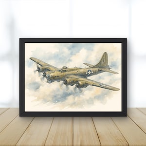 B-17 Flying Fortress Watercolor Artwork | Digital Download World War 2 Wall Art | Printable Military Aircraft Decor | Aviation Gift Ideas