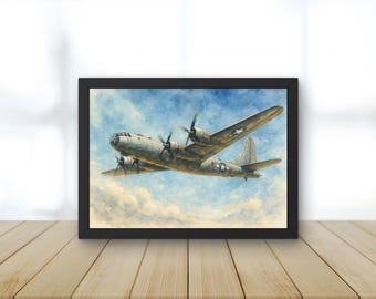 May include: Framed watercolor print of a B-29 Superfortress bomber in flight. The artwork features a detailed depiction of the aircraft against a blue sky with clouds. The print is encased in a black frame, suitable for wall decor.