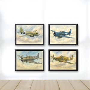 CUSTOM ORDER World War Two Aviation Portraits A3 and A4 Sizes | Military Aircraft Watercolor Print Set | Instant Download Aviation Wall Art