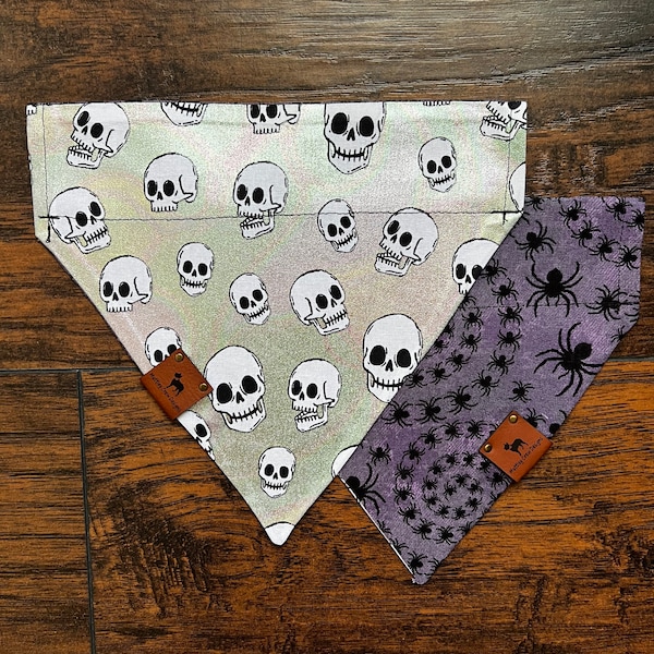 Iridescent Skull Pet Bandana // Over the collar bandana // Reversible Purple Spider Bandana