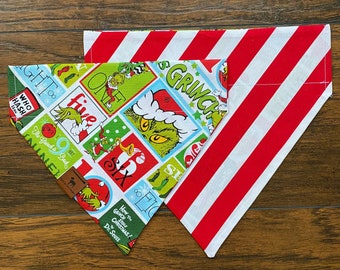 Grinch Reversible Personalized Christmas Bandana // Over the collar bandana // Dog and Cat Bandana // Candy Cane Stripe Bandana