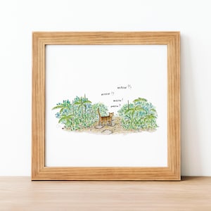 De Tuin – Mini kattenposter. Aquarelillustratie. Muurkunst. Interieurdecoratie voor woonkamer, slaapkamer, hal
