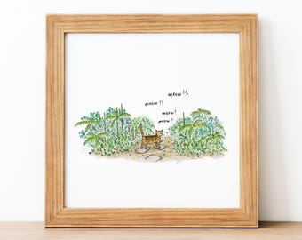 O Jardim – Mini pôster de gato. Ilustração em aquarela. Arte de parede. Decoração de interiores para sala de estar, quarto, hall de entrada