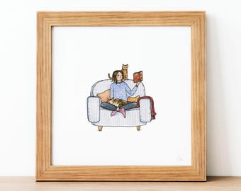 O Sofá – Mini pôster de gato. Ilustração em aquarela. Arte de parede. Decoração de interiores para sala de estar, quarto, hall de entrada