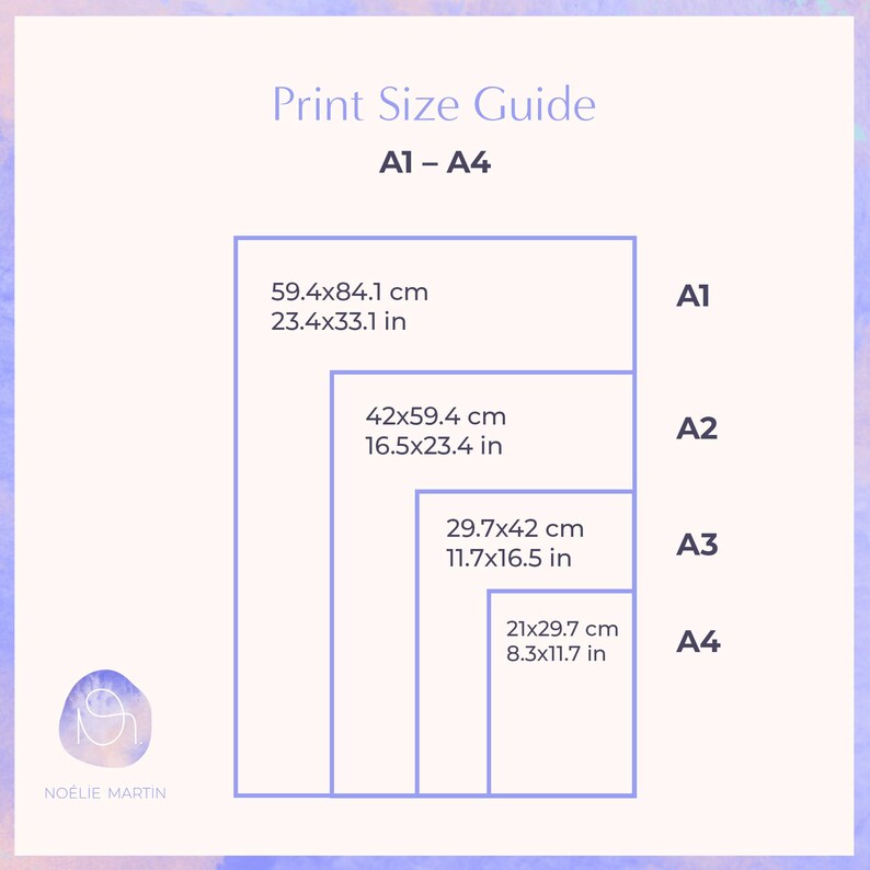 May include: A chart showing the different sizes of paper in the A series, from A1 to A4. The chart shows the dimensions in both centimeters and inches. The chart is on a light purple background.
