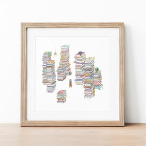 Stadt der Bücher – Poster für Buchliebhaber. Aquarellillustration. Wandkunst. Inneneinrichtung für Wohnzimmer oder Kinderzimmer.