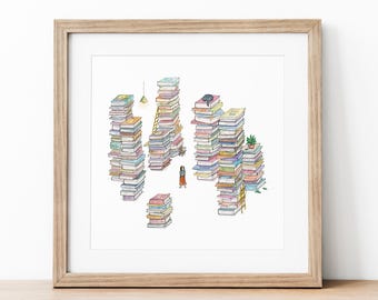 Ciudad de los Libros - Cartel para amantes de los libros. Ilustración de acuarela. Arte de pared. Decoración de interiores para salón o dormitorio infantil.