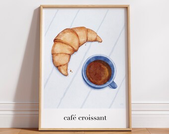 Café Croissant – Giclee-printposter. Ontbijt. Muurkunst. Interieurontwerp voor keukens en woonkamers, of cafés en bakkerijen