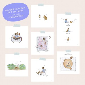 Pode incluir: Conjunto de seis ilustra&ccedil;&otilde;es de aquarela que retratam uma mulher e seus gatos em v&aacute;rias situa&ccedil;&otilde;es do dia a dia. As ilustra&ccedil;&otilde;es s&atilde;o impressas em papel branco e t&ecirc;m uma borda azul claro. O texto "LATE and the use of space" &eacute; vis&iacute;vel no canto inferior direito de uma das ilustra&ccedil;&otilde;es.