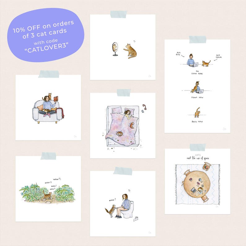Pode incluir: Conjunto de seis ilustra&ccedil;&otilde;es de aquarela que retratam uma mulher e seus gatos em v&aacute;rias situa&ccedil;&otilde;es do dia a dia. As ilustra&ccedil;&otilde;es s&atilde;o impressas em papel branco e t&ecirc;m uma borda azul claro. O texto "LATE and the use of space" &eacute; vis&iacute;vel no canto inferior direito de uma das ilustra&ccedil;&otilde;es.