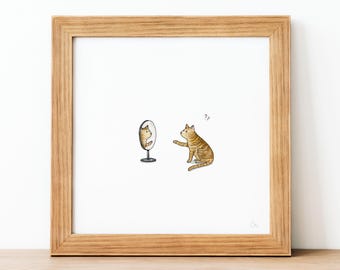 Espelho, espelho meu – Mini pôster de gato. Ilustração em aquarela. Arte de parede. Decoração de interiores para sala de estar, quarto, hall de entrada