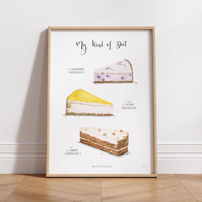 May include: A watercolor illustration of three slices of cheesecake with the text "My kind of Diet" at the top. The cheesecakes are blueberry, lemon, and carrot. The text below the cheesecakes reads "Blueberry Cheesecake", "Lemon Cheesecake", and "Carrot Cheesecake?? (or all of them??)".