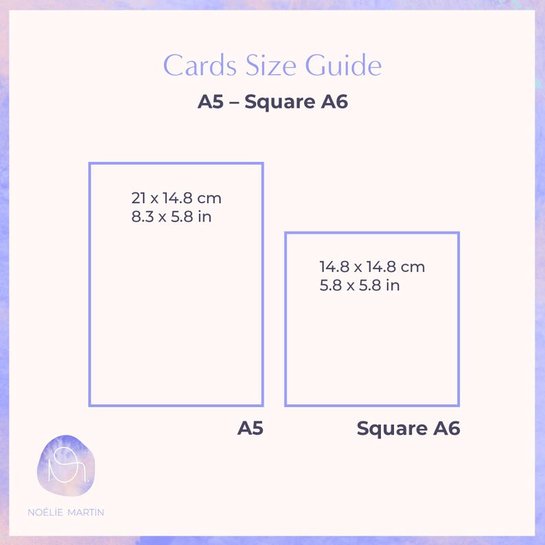 Pode incluir: Um guia de tamanhos de cart&otilde;es, mostrando as dimens&otilde;es dos cart&otilde;es A5 e A6 quadrados em polegadas e cent&iacute;metros. O cart&atilde;o A5 mede 8,3 polegadas por 5,8 polegadas ou 21 cm por 14,8 cm. O cart&atilde;o A6 quadrado mede 5,8 polegadas por 5,8 polegadas ou 14,8 cm por 14,8 cm.