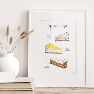 May include: A white framed print with the text "My kind of Diet" and illustrations of three different cheesecake slices: blueberry, lemon, and carrot. The text "(see me eat them, not)