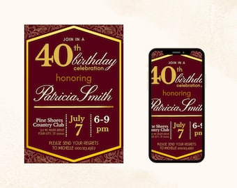 Burgundy and Gold Birthday Invitation Template: Instant Canva Download