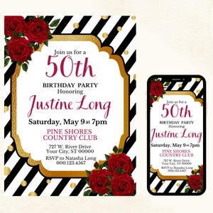 Red Black Gold Birthday Invitation Template: Instant Download, Editable Canva Design