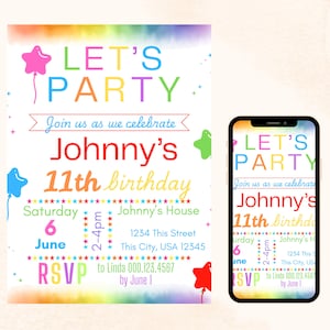 Easy Rainbow Birthday Invitation, Invitation Template, Instant Download and Edit
