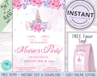 Unicorn Birthday Invitation + FREE Favor Tag, (2 Sizes) Rainbow Invite Instant Download, Unicorn Party Invitations, Editable Template PR0050