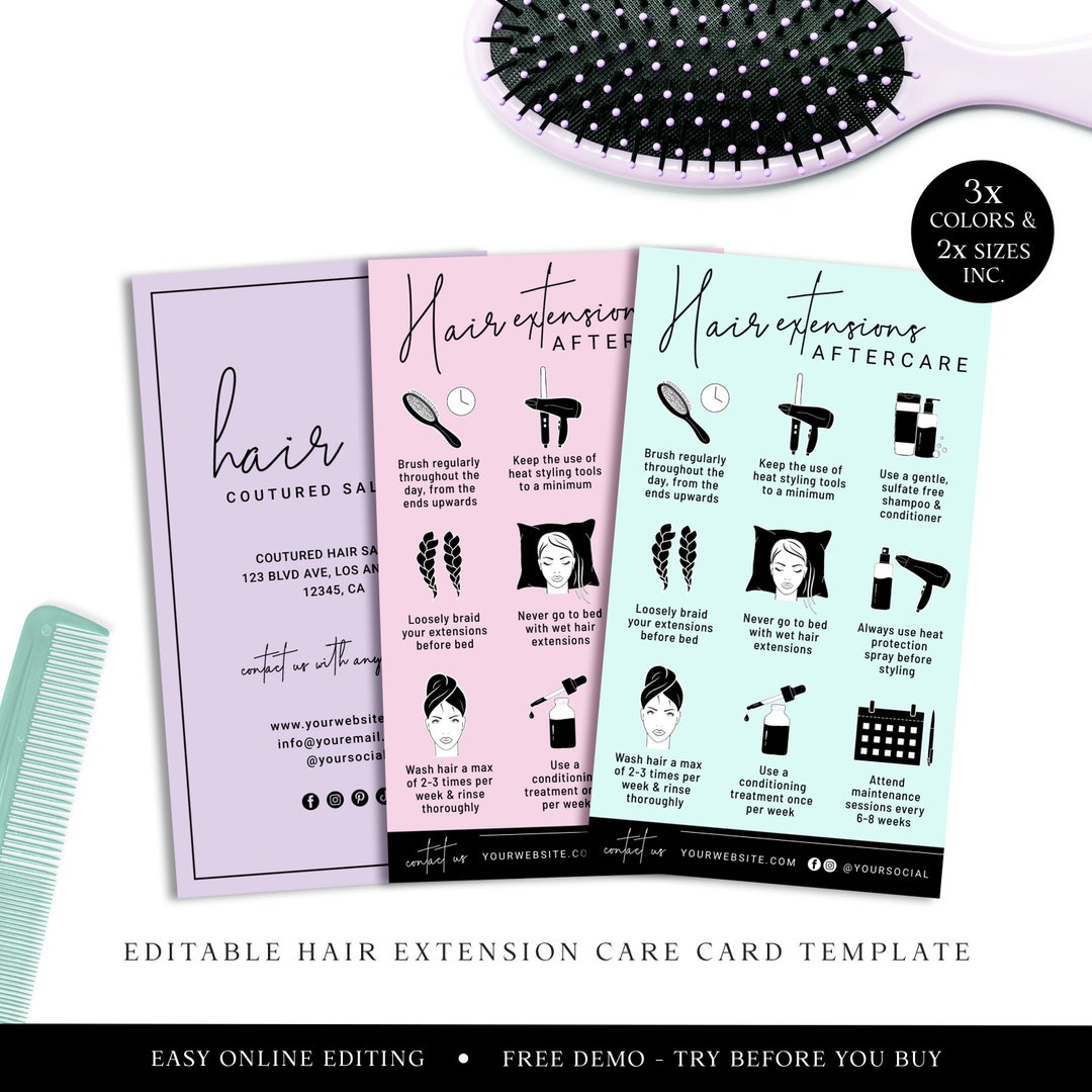 Hair Extensions Care Editable Template, Rainbow Hair Care Card, DIY