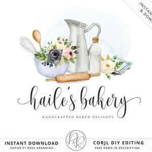 DIY Editable Bakery Logo Template | Instant Watercolor Watermark Farmhouse Kitchen Style Logo Download DIY Logo Premade Template - PR0481