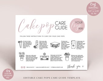 Cake Pops Care Card Editable Template, 2 Sizes Minimalist Cake Pop Guide, Printable Cake Lolly Care Insert, Cake Pops Instructions MM-001