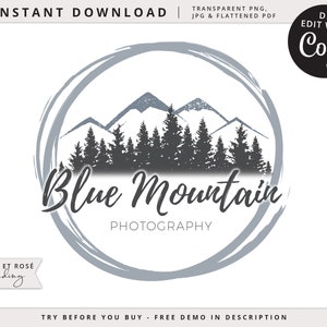 Editable Mountain Round Stamp Modern Logo Design Instant Download | DIY Editable Template |  Premade Logo | Rustic Logo BM-001