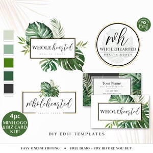 Editable Tropical Branding Bundle, 4pc DIY Edit Modern Business Logo, Premade Watercolor Palm Logo Kit + Business Card Template  WH-001