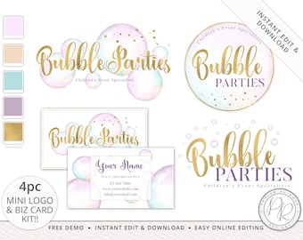 Editable 4pc Pastel Watercolor Balloons Logo Suite + Business Card Instant Branding Kit  |  Premade Logo | DIY Editable Template BP-001