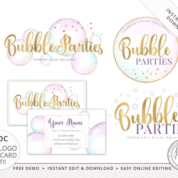 Bearbeitbares 4 Stück Pastell Aquarell Ballons Logo Set + Visitenkarte Instant Branding Kit | Vorgefertigtes Logo | DIY Bearbeitbare Vorlage BP-001