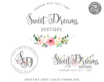 Editable Cute Logo Template Bundle, 3 x Watercolor Floral Premade Logo, DIY Edit Boutique Logo Design, Farmhouse Shabby Chic Logo - SD-001