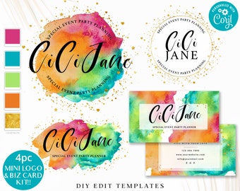 DIY Branding Bundle, Editable Logo Set + Business Card Template, DIY Edit Logo Template, Bright Colorful Watercolor Business Logo CJ-001