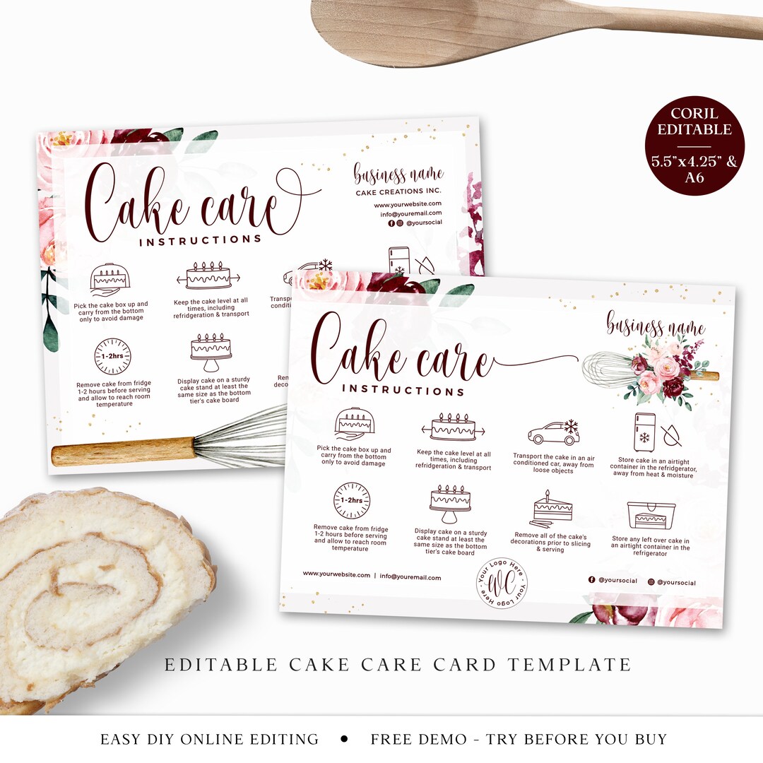 Editable Cake Care Card, Printable Cake Care Template, Farmhouse Bakery